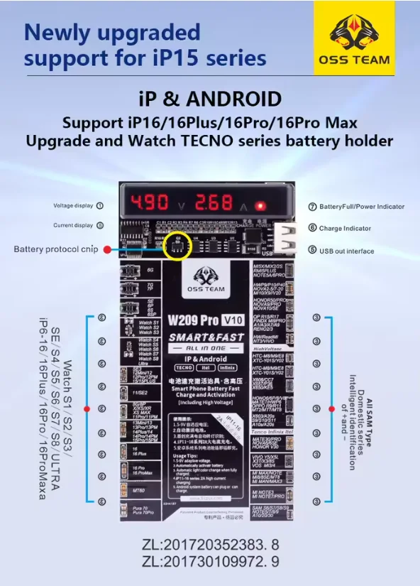 OSS W209 Pro V10 Pil Hızlı Şarj ve Aktivasyon Kartı iPhone 6-16PM / Apple Watch / Android için
