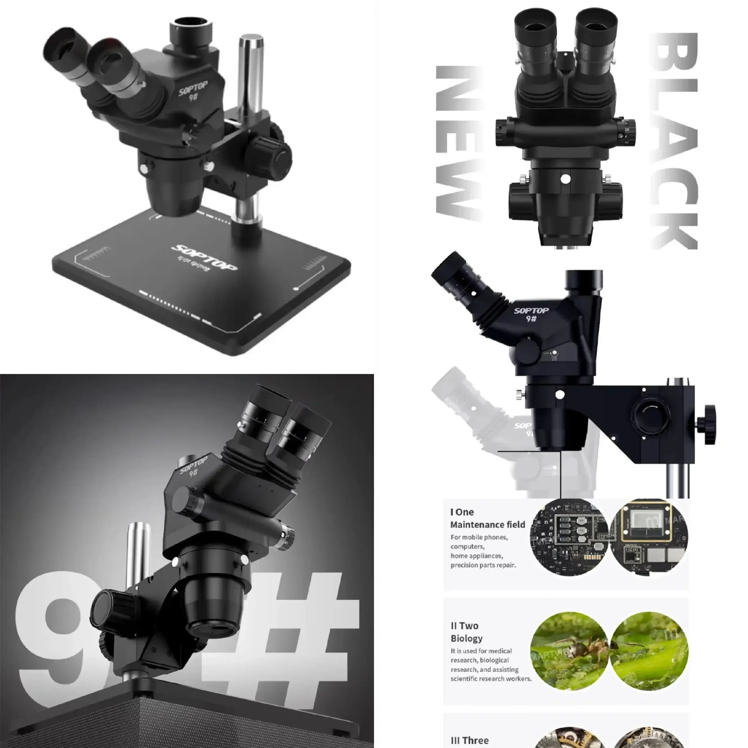 Soptop 9 Ayarlanabilir Trinoküler Mikroskop 6.7-4.5X 360 Derece, Alüminyum Alaşımlı Büyük Tabanlı