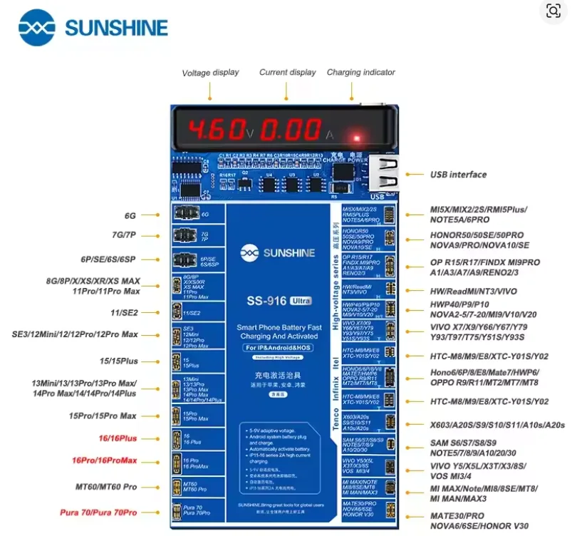 Sunshine SS-916 Ultra V2.0 Dijital Ekran Şarj Aktivasyon Kartı iPhone 6 ila 16Pro Max ve Android için