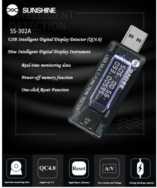 Sunshine USB Şarj Akım Voltaj Test Cihazı USB Arıza Tespit Cihazı SS-302A